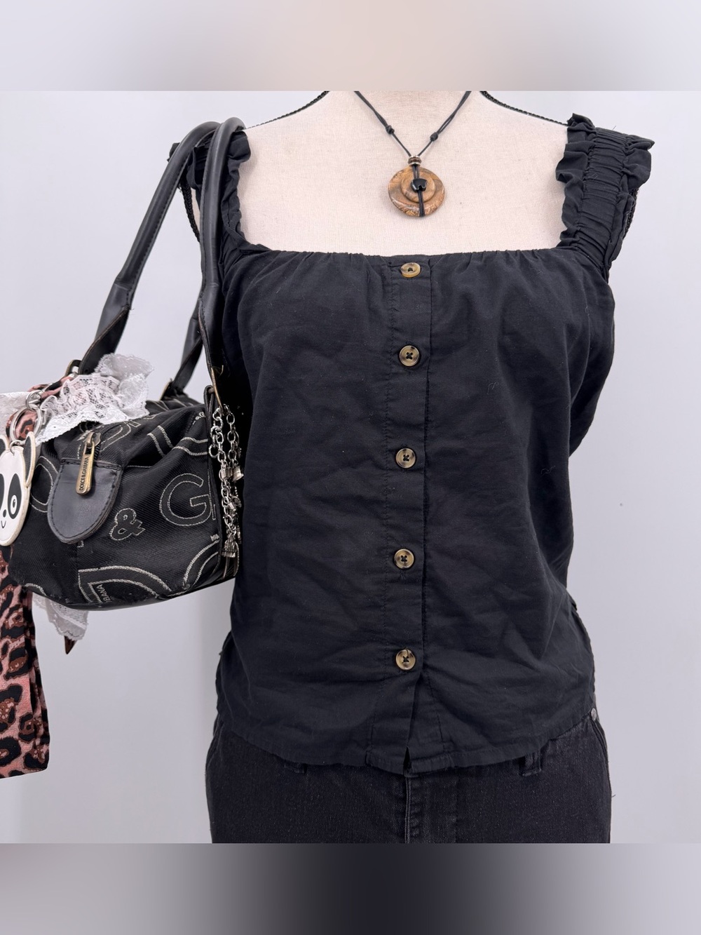 Black Button-Front Ruffle Strap Top 100% cotton womens sz m
